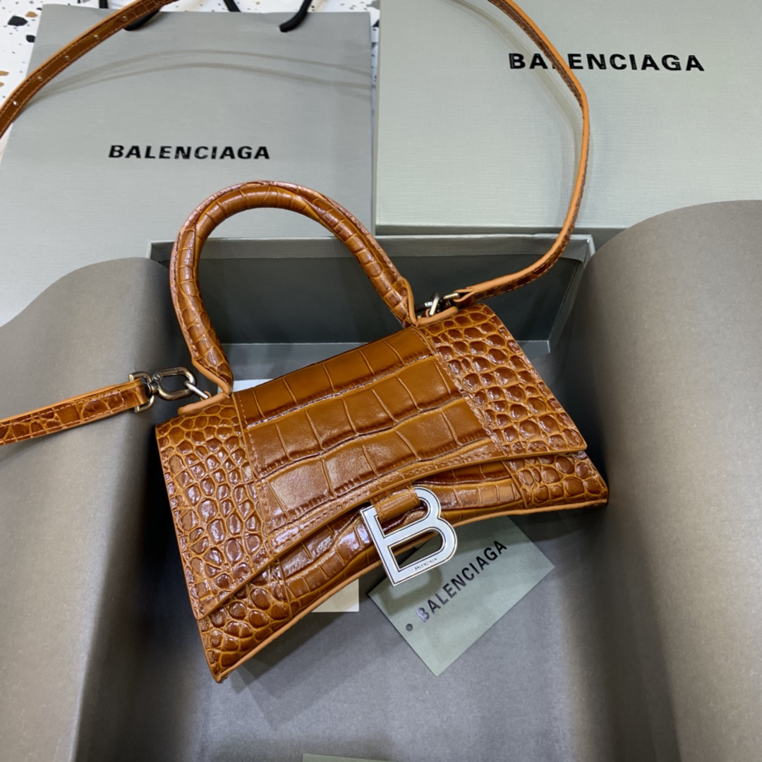 Balenciaga Hourglass XS Handbag Crocodile Embossed Shoulder Bag Brown